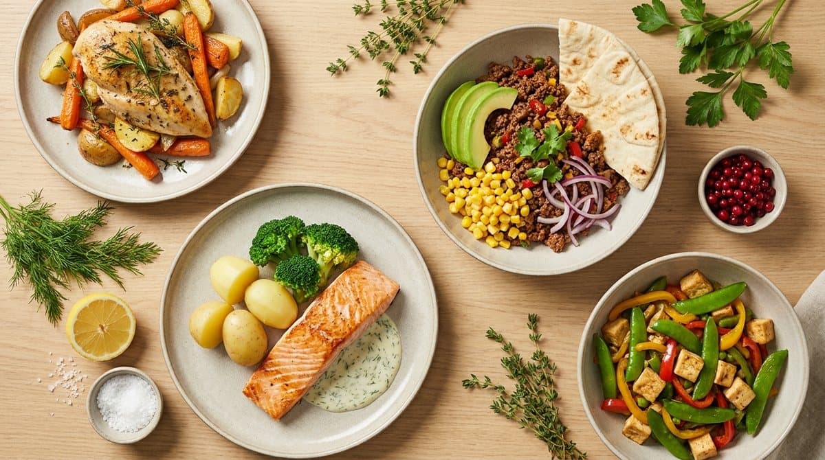 Utvalg proteinrike hverdagsmiddager — kylling, laks, kjøtt og vegetar