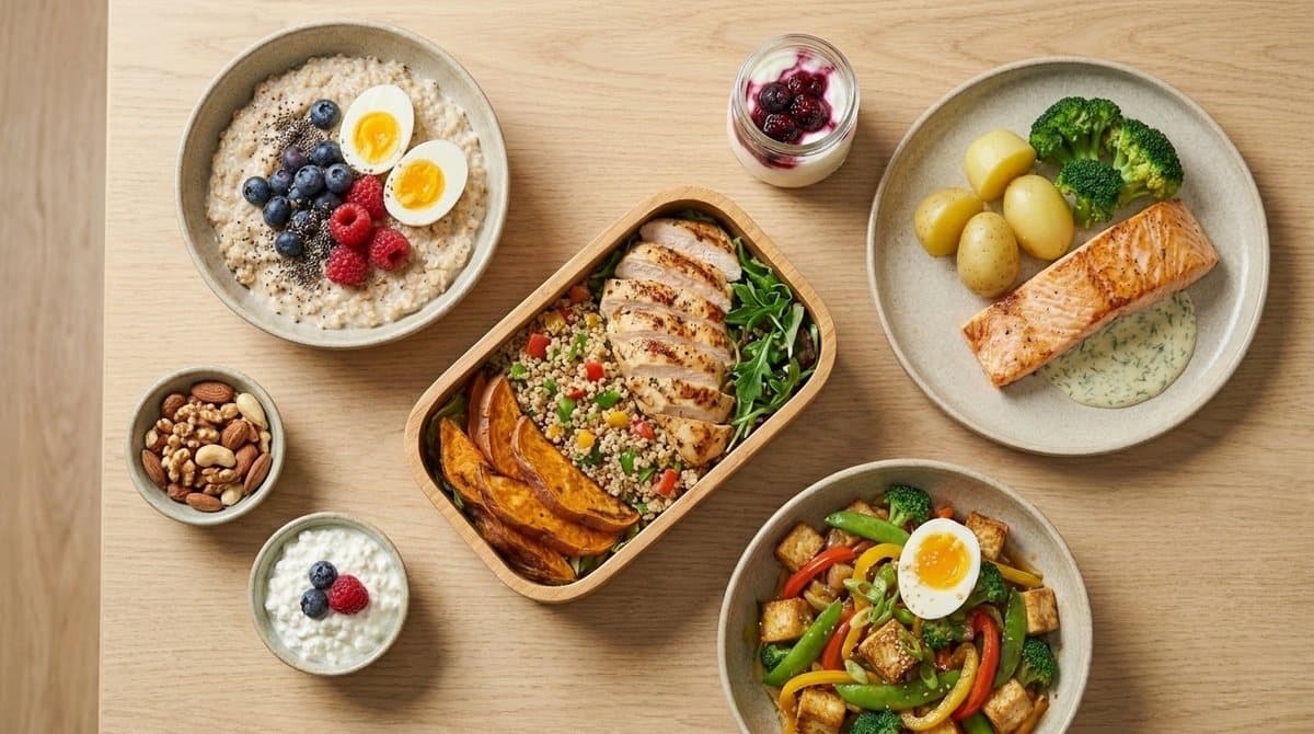 En full dag med proteinbevisst hverdagsmat — frokost, lunsj, middag og snacks