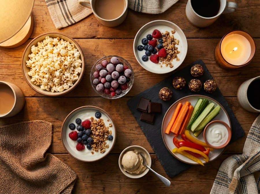 Lavkalori kveldssnacks — popcorn, frosne bær, gresk yoghurt og mørk sjokolade