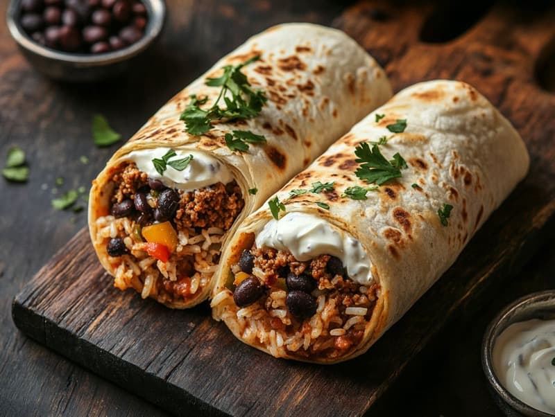 Kjøttdeigburrito med ris og bønner