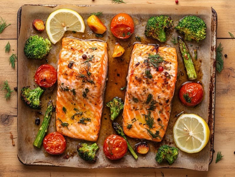 Ovnsbakt laks med søtpotet og brokkoli — sunn middag under 500 kcal