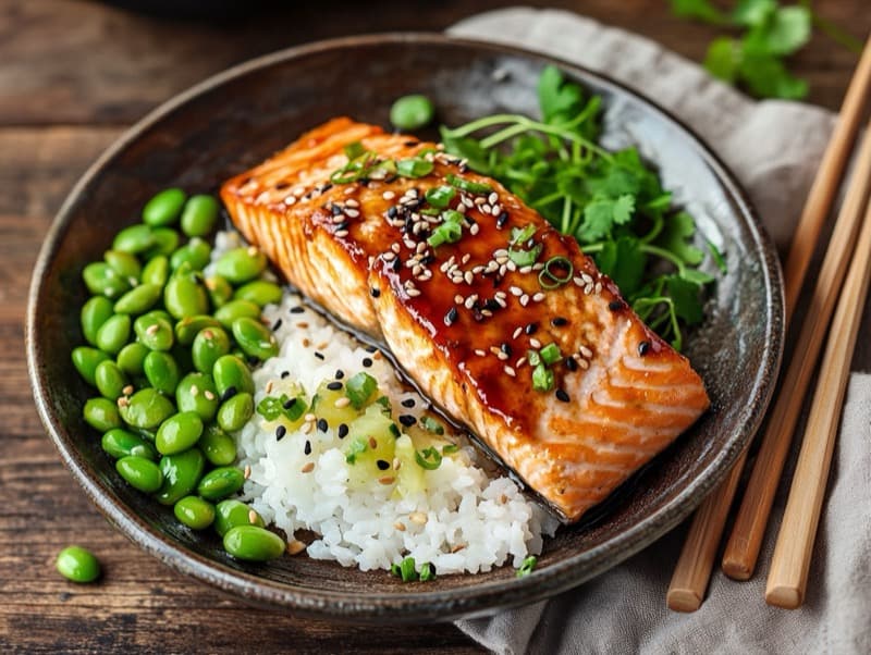 Laks teriyaki med ris og edamame