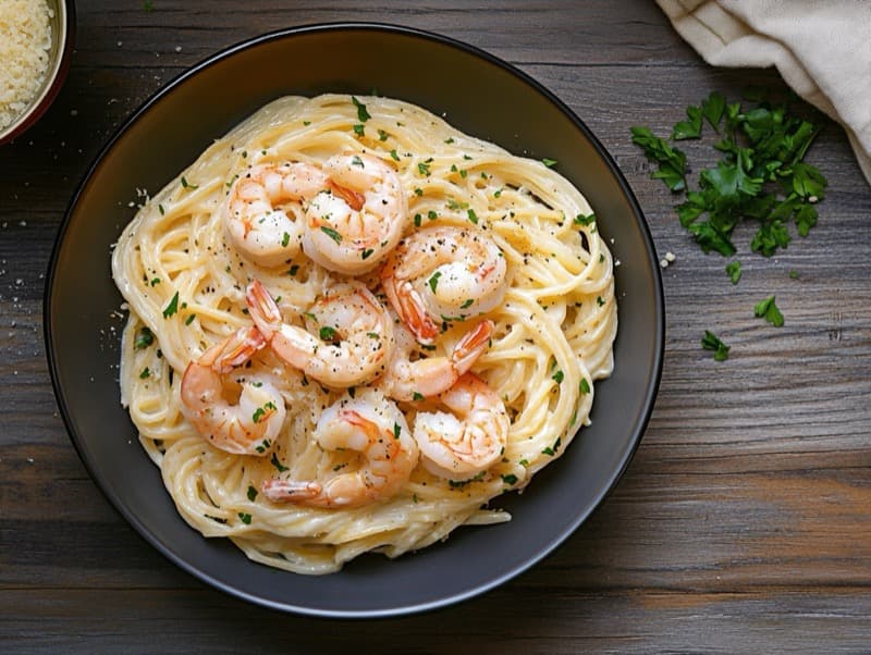 Reker i hvitløkssaus med pasta