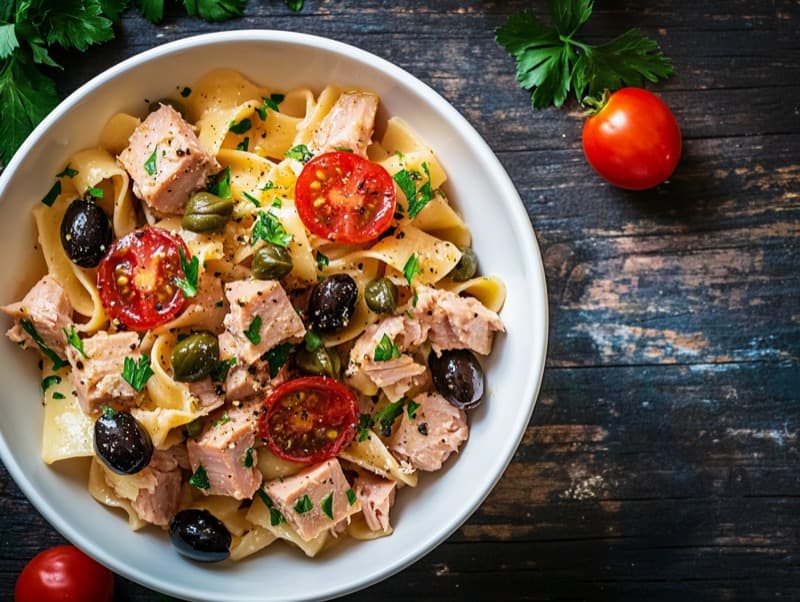 Tuna-pasta med oliven og kapers