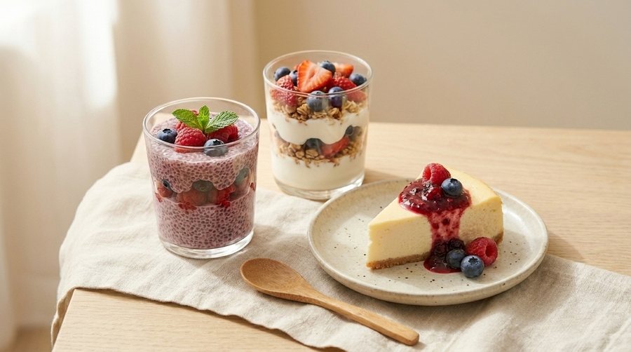 Chiapudding, yoghurtparfait og ostekake