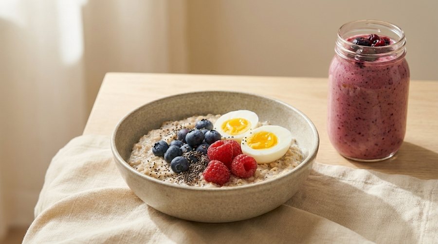Havregrøt med bær, egg og smoothie