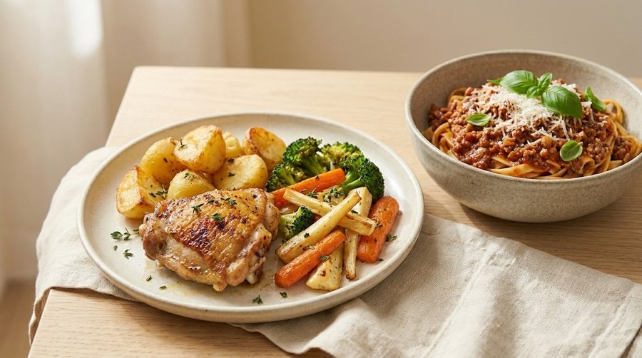 Hverdagsmiddag med kylling, poteter og pasta