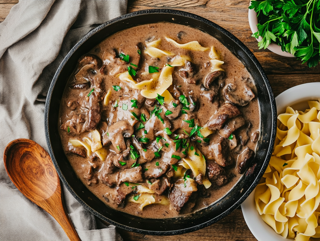 Biff stroganoff med sopp og crème fraîche servert over ris