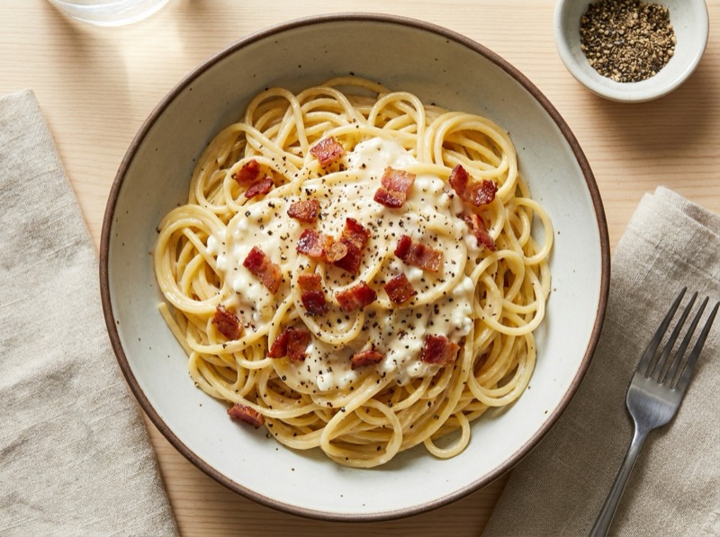 Kremet cottage cheese carbonara med spaghetti, bacon og grovkvernet pepper i dyp tallerken