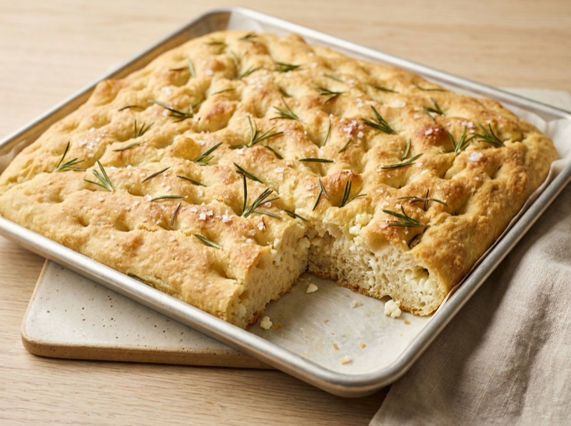 Proteinrik cottage cheese focaccia med rosmarin og flaksalt i langpanne
