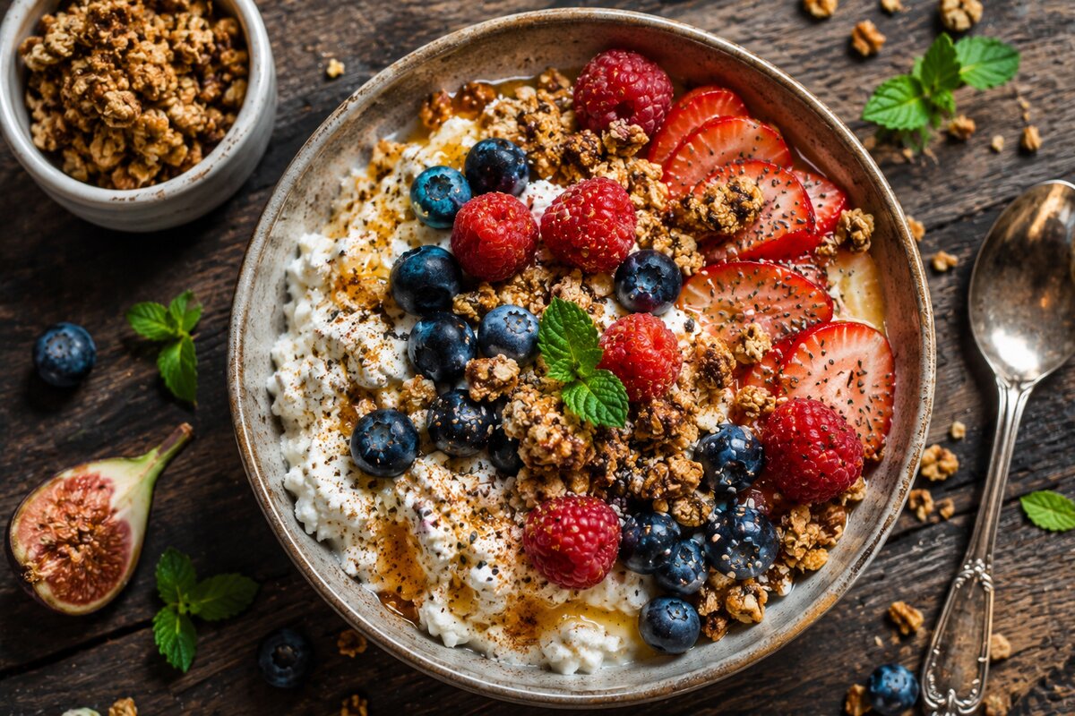 Cottage cheese frokostbowl med blåbær, jordbær, granola og honning