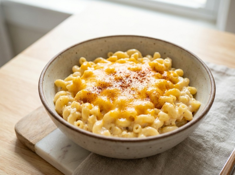 Kremet cottage cheese mac and cheese i skål med smeltet cheddar og et dryss paprika