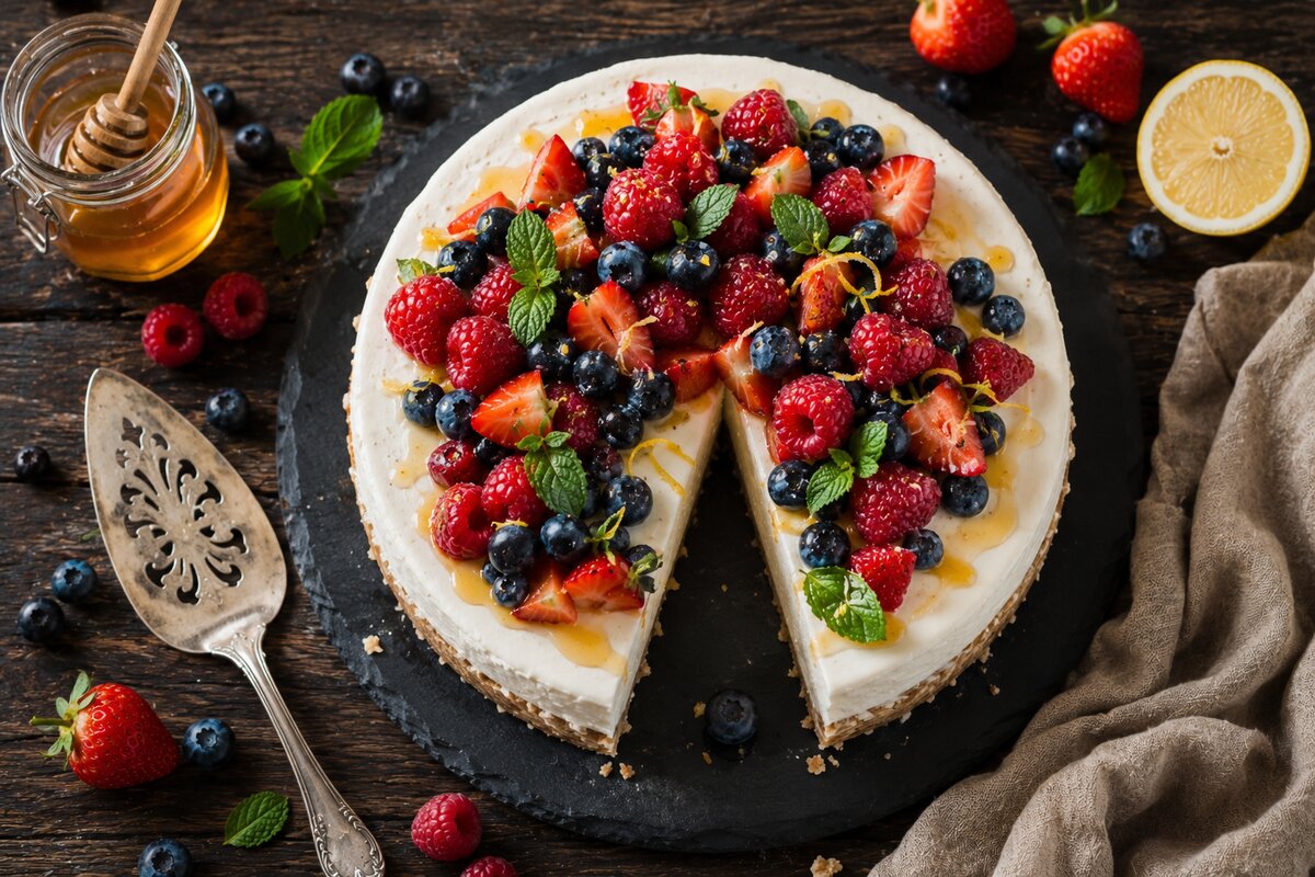 Cottage cheese-ostekake med havre-mandelbunn toppet med friske blåbær og bringebær