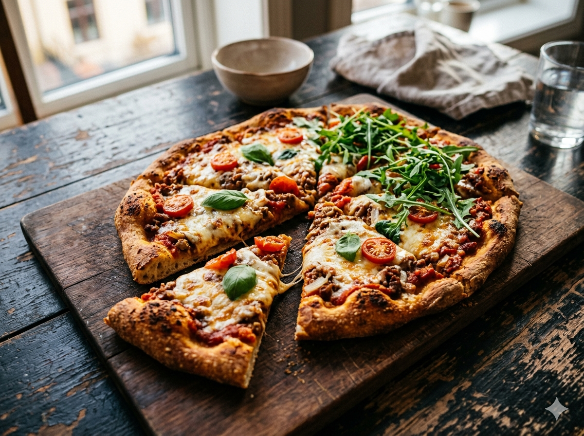 Cottage cheese pizza med smeltet mozzarella, paprika og oliven