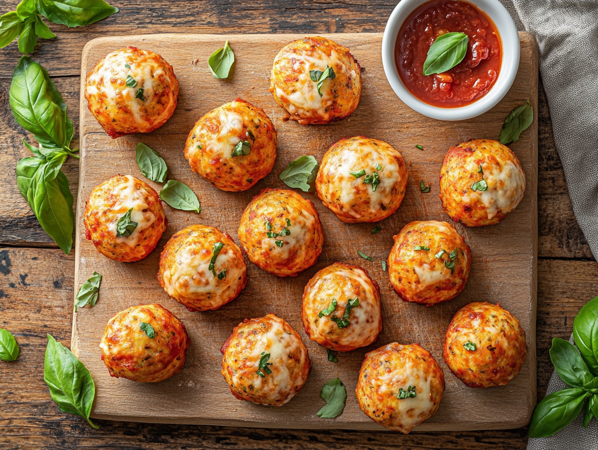 Proteinrike pizzaboller med cottage cheese på trefjøl med frisk basilikum og tomatsaus