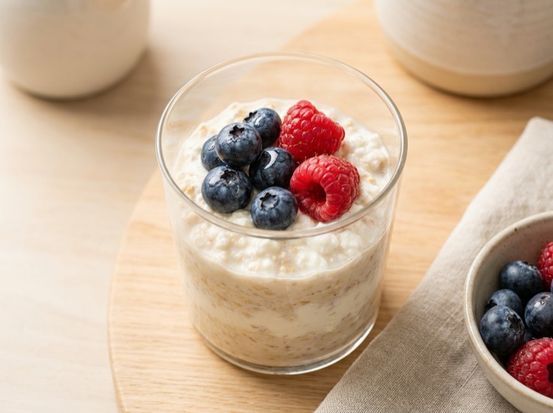 Cottage cheese proteingrøt i glass toppet med friske blåbær og bringebær