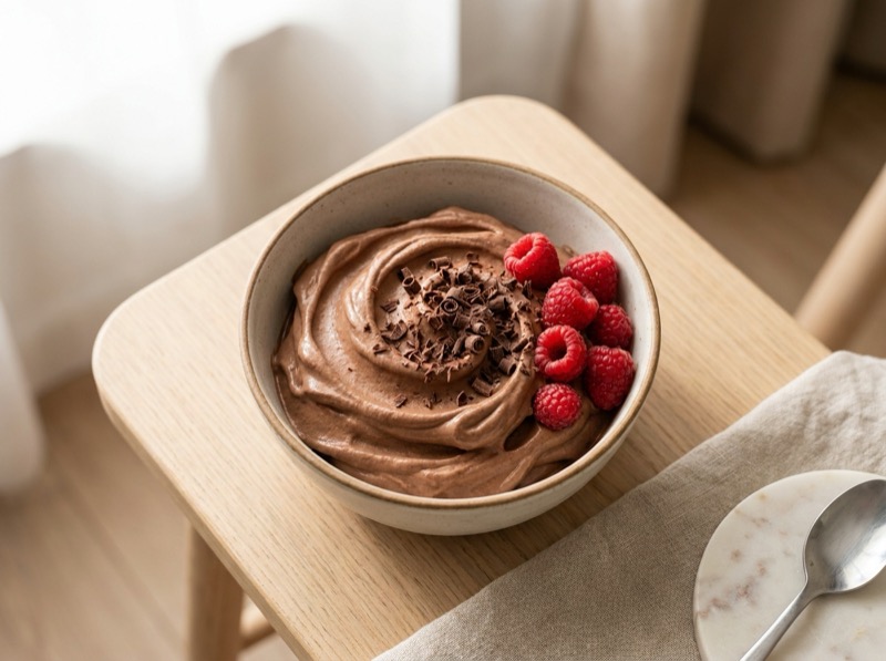 Kremet cottage cheese proteinis med sjokolade i skål, toppet med revet mørk sjokolade og bringebær