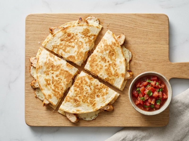 Cottage cheese quesadilla med kylling skåret i båter med smeltet ost og salsa ved siden av