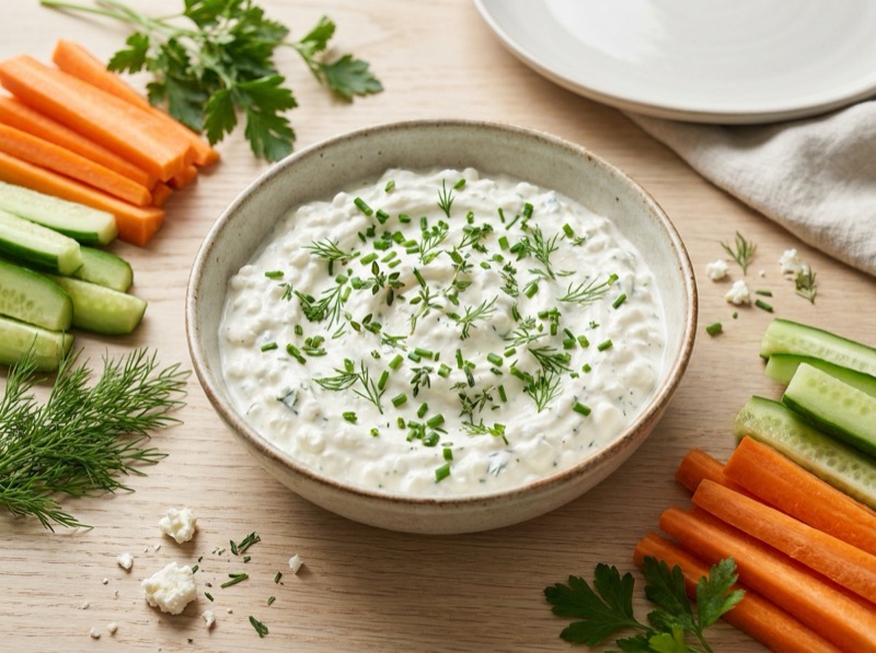 Kremet cottage cheese urtedip i skål toppet med friske urter, omgitt av gulrotstaver og agurk