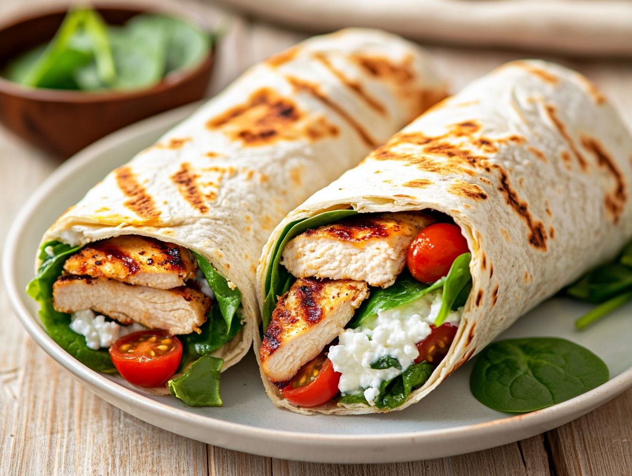 Cottage cheese wrap med avokado, tomat og spinat på skjærefjøl