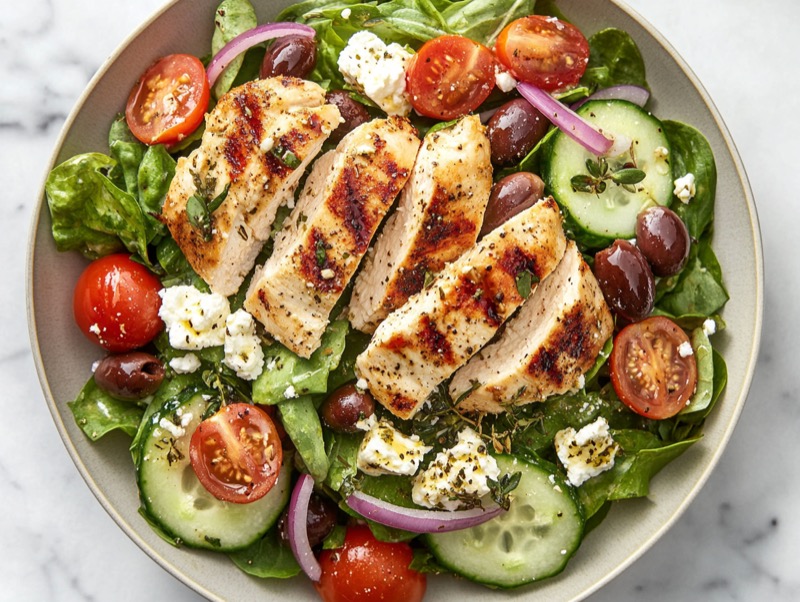 Gresk salat med kylling, feta, oliven og tomater