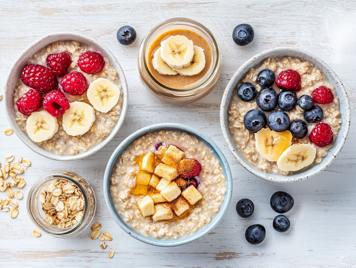 Havregrøt i skål toppet med blåbær, banan, nøtter og honning