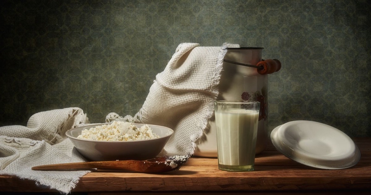 Hjemmelaget cottage cheese i en bolle, laget av melk og sitronsaft