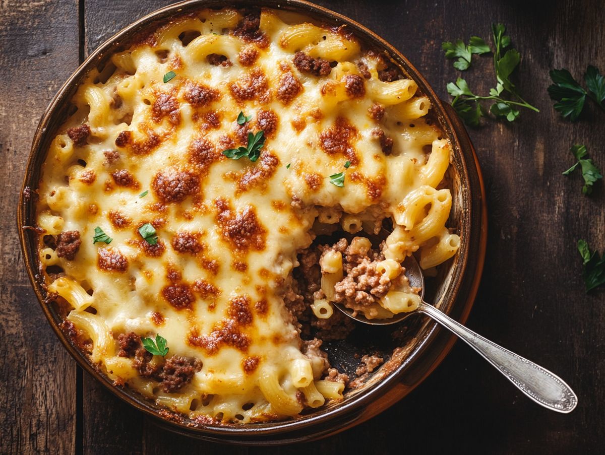 Kjøttdeiggrateng med makaroni toppet med gyllen smeltet ost