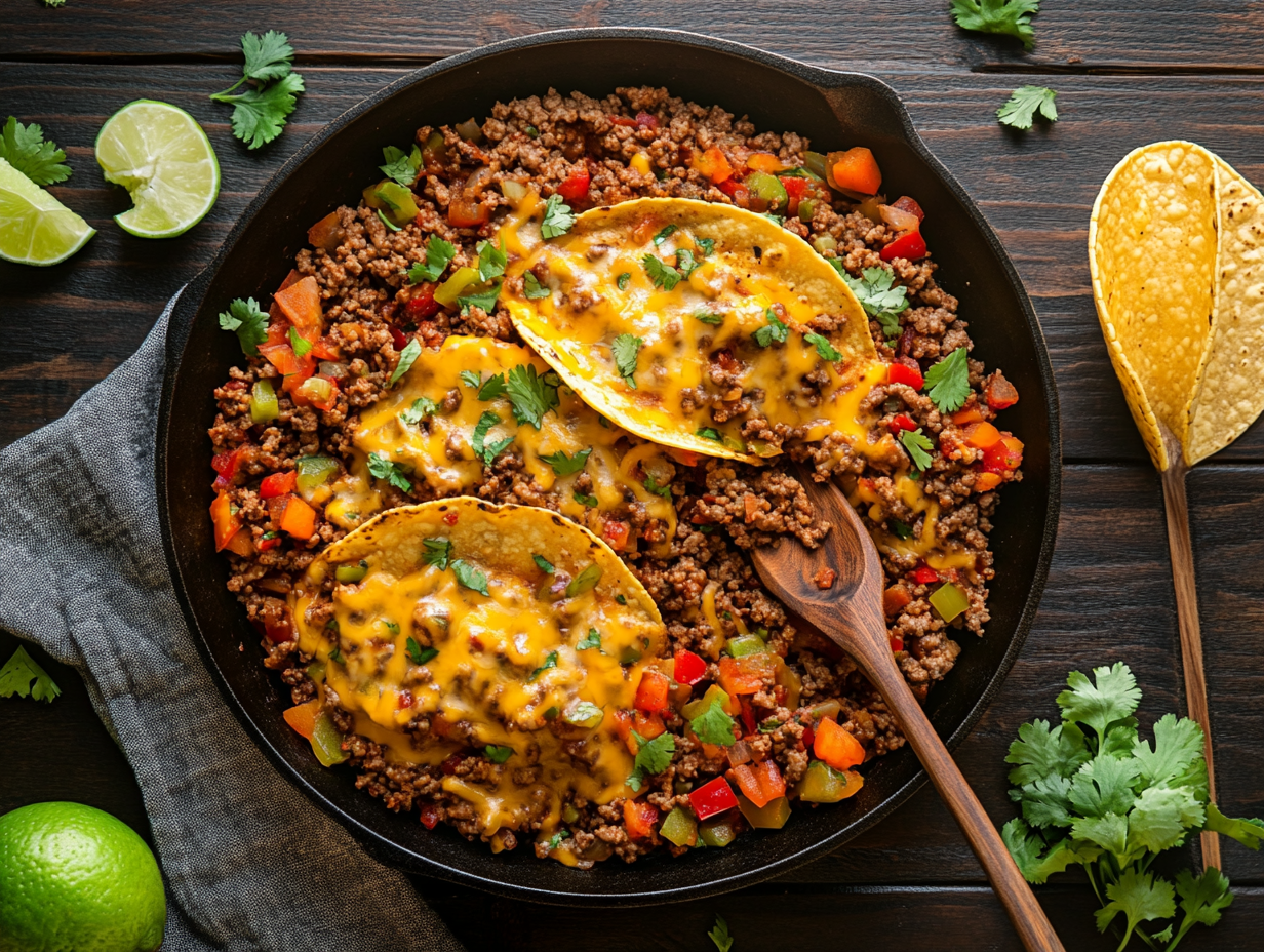 Kjøttdeig-middager: taco, bolognese, wok og kjøttkaker på bord