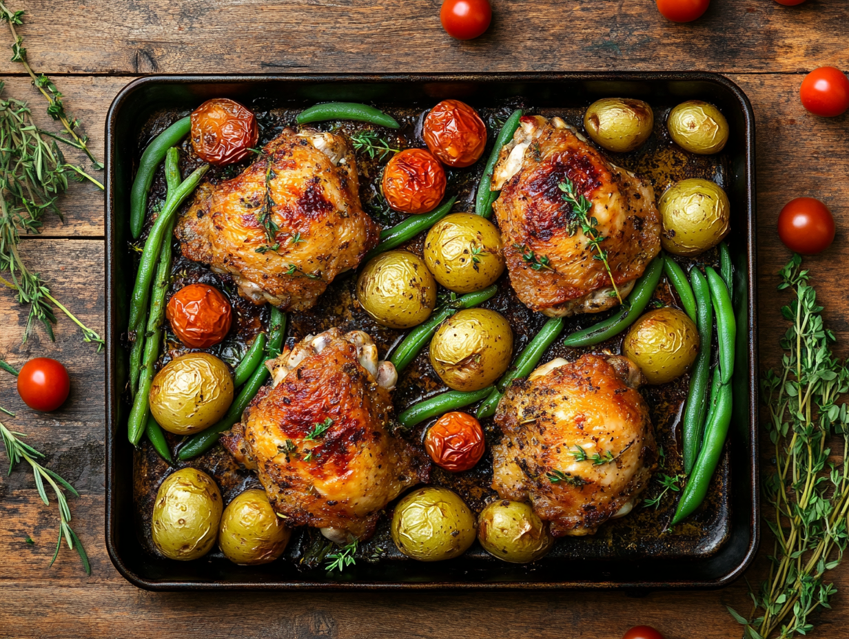 Ovnsbakt kylling lårfilet med gyldne poteter og fargerike grønnsaker på stekebrett
