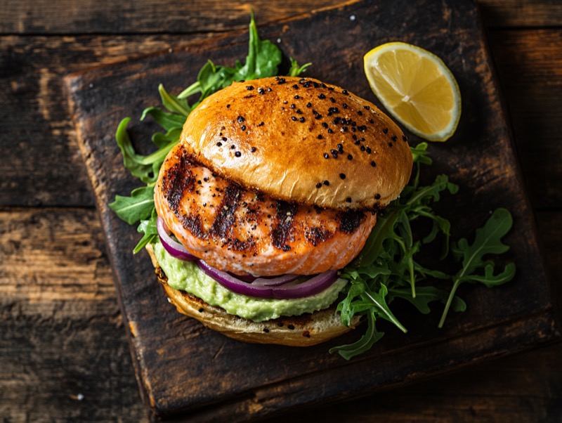 Laksburger med avokadokrem, salat og tomat i burgerbrød