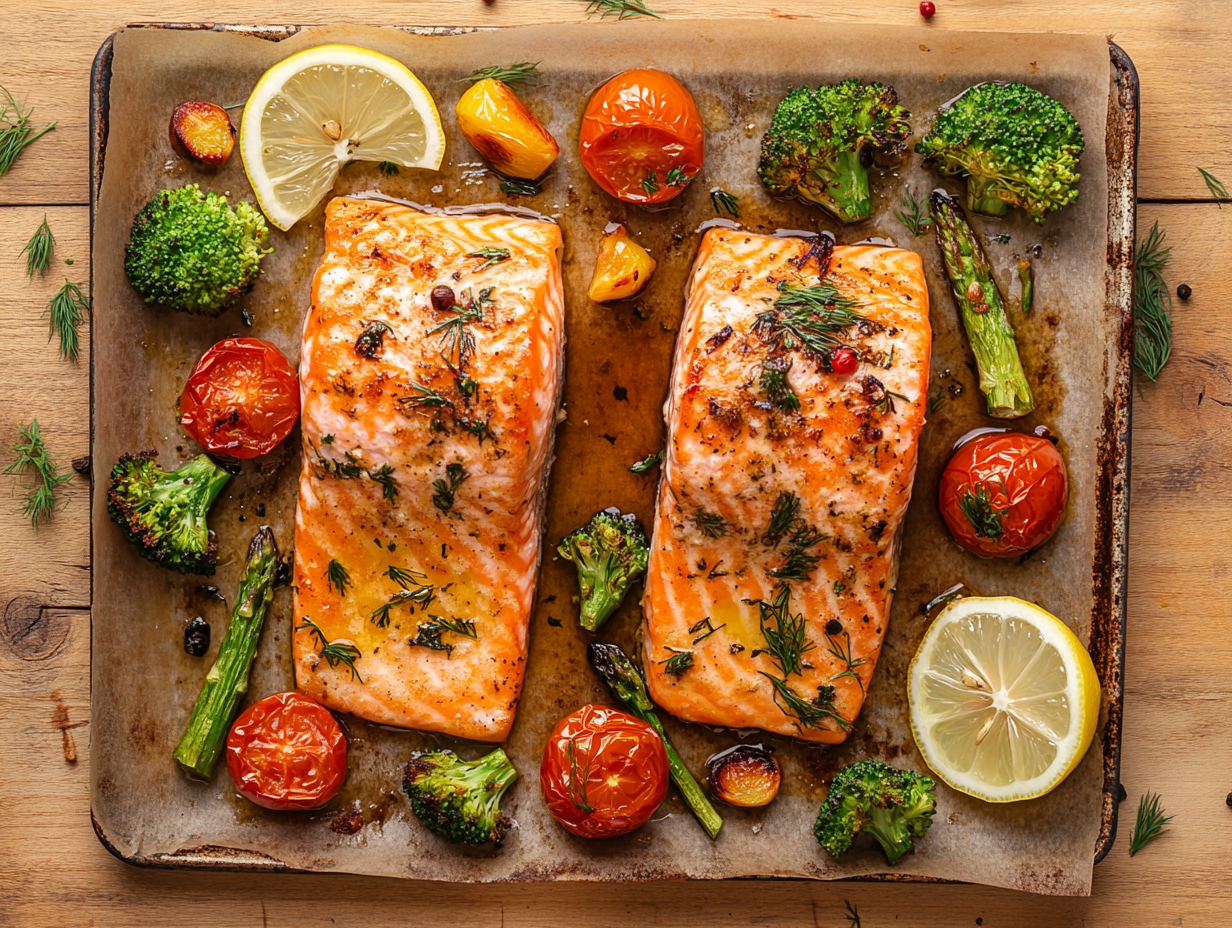 Ovnsbakt laks med søtpotet og brokkoli på stekebrett