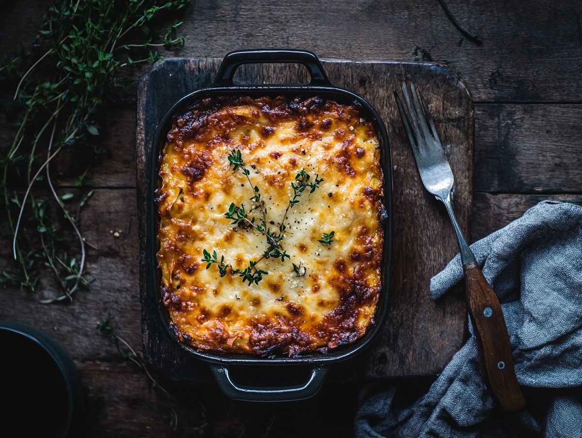 Gyllen lasagne med kjøttdeig og bechamelsaus skåret opp i ildfast form