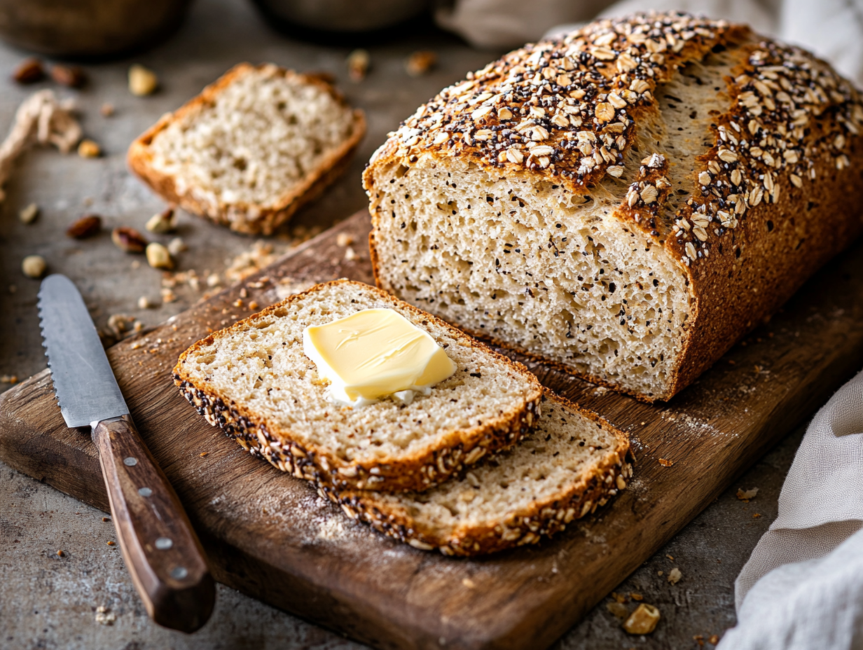 Saftig lavkarbo brød med mandelmel oppskåret på skjærebrett med smør