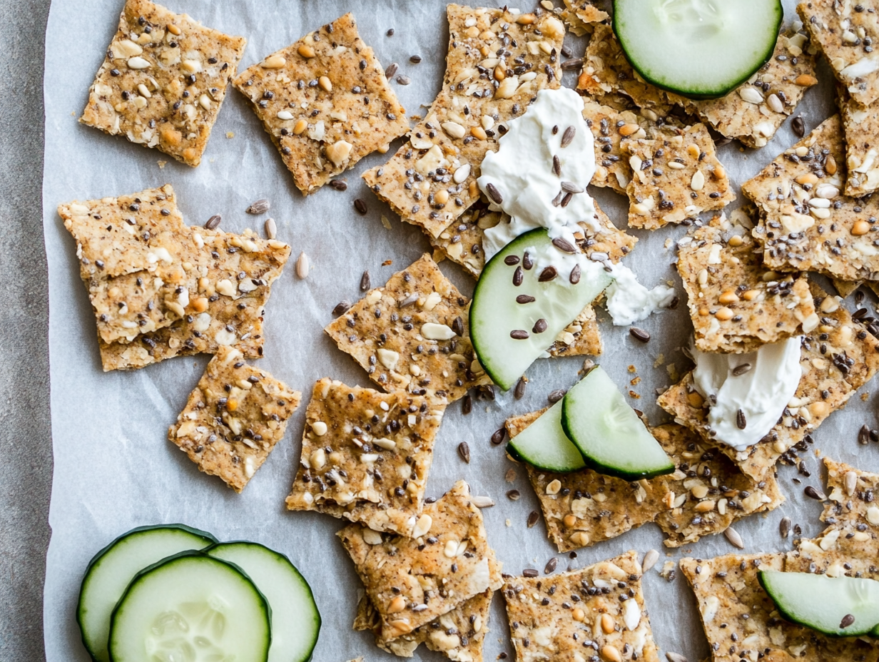 Sprø lavkarbo knekkebrød med solsikkefrø og gresskarfrø på trebrett
