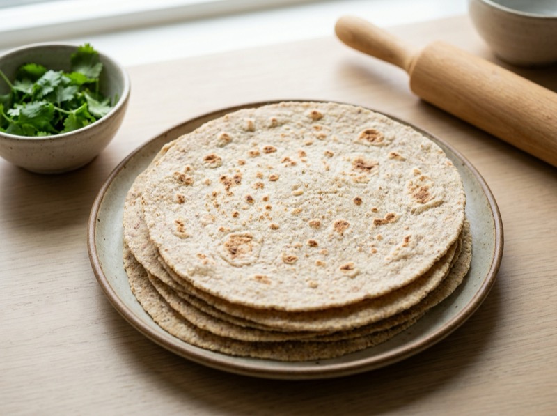Stabel med myke lavkarbo tortillaer på mandelmel klare til å fylles og rulles