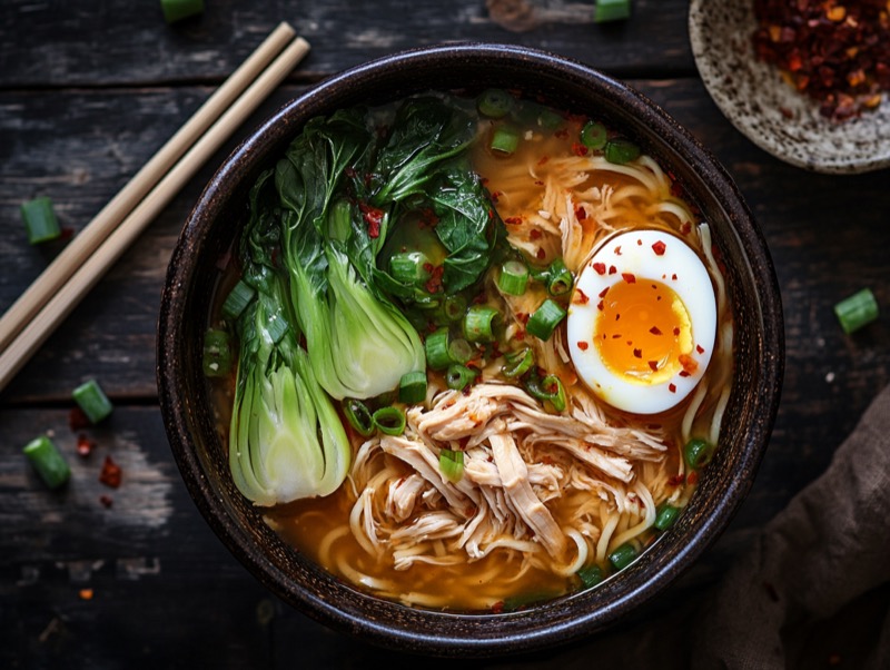 Asiatisk nuddelsuppe med kylling og pak choy i dyp bolle