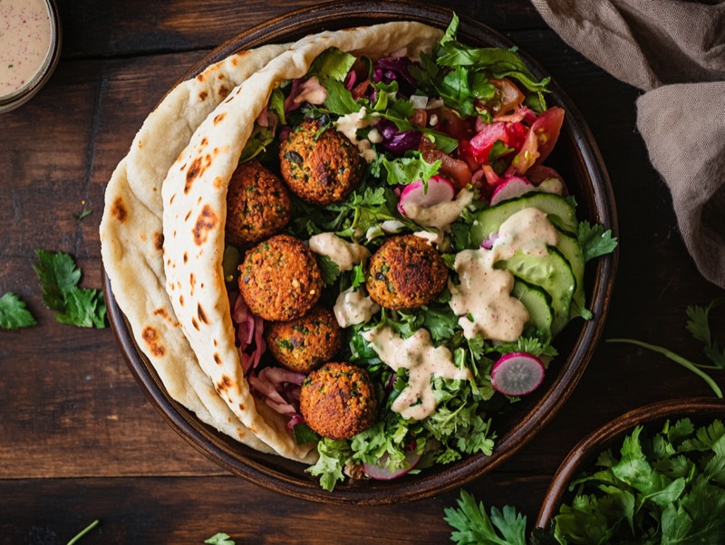 Pitabrød fylt med sprø falafel, hummus og friske grønnsaker