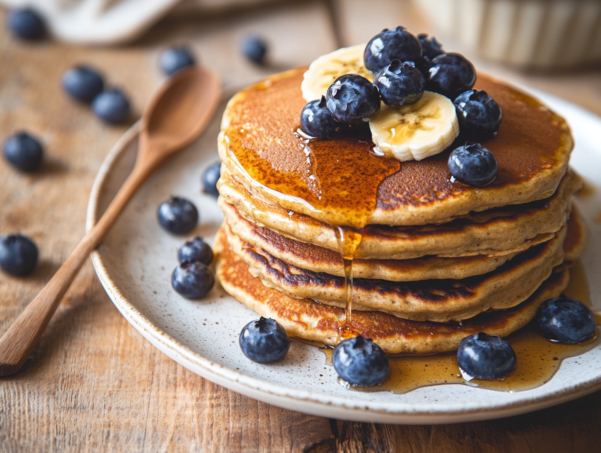 Stabel med proteinpannekaker toppet med blåbær og honning