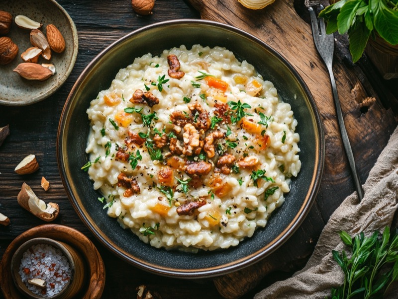 Kremet sopprisotto med parmesan og frisk timian i dyp tallerken