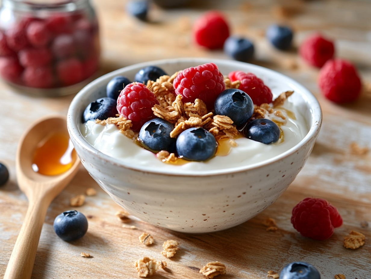 Skyr i skål med friske bær og granola