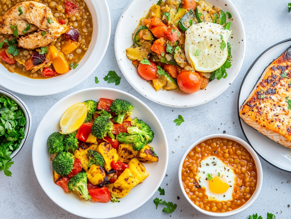 Fargerike sunne middagstallerkener med kylling, laks og grønnsaker