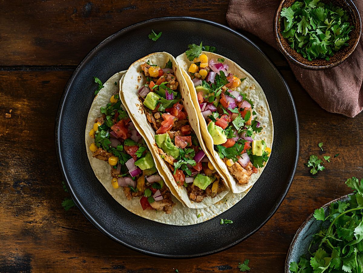 Taco med kjøttdeig, fersk salsa, avokado og rømme på trefjøl