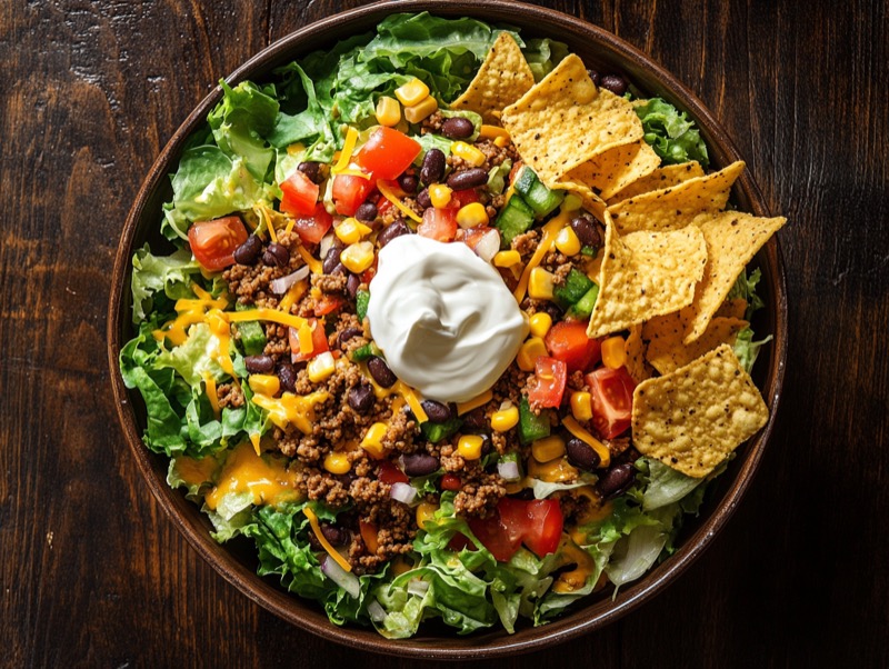 Tacosalat med krydret kjøttdeig, ost og rømme i stor bolle