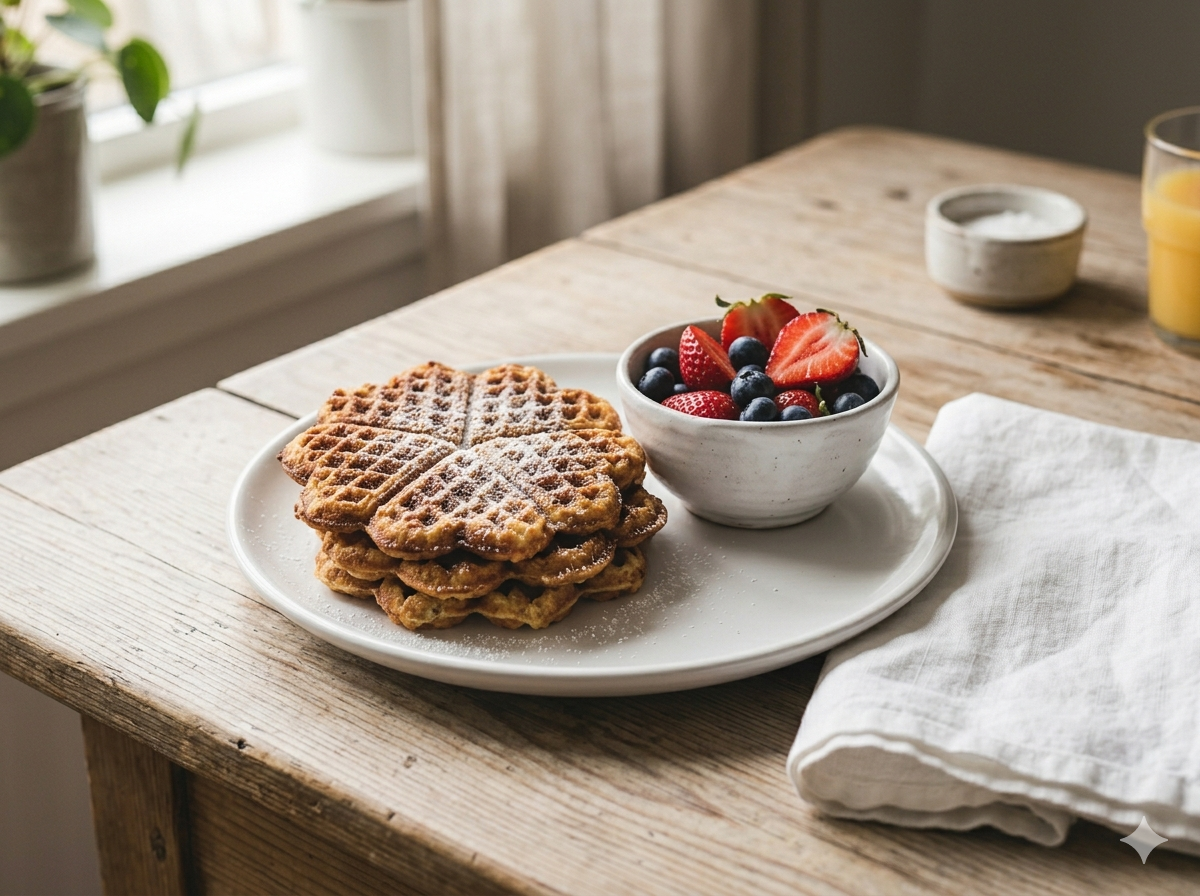 Proteinrike vafler med cottage cheese toppet med friske bær og honning