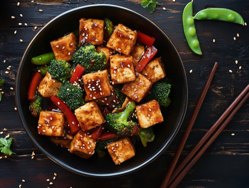 Fargerik grønnsakswok med sprø tofu-terninger i wokpanne