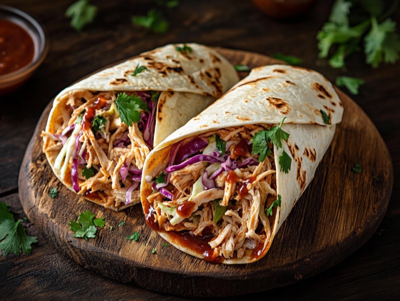 Wraps med pulled kylling, coleslaw og avokado skåret på skrå